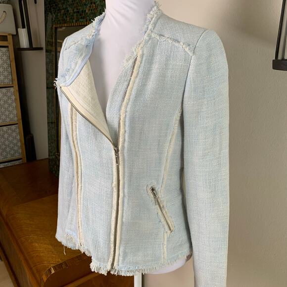 Sundance Sz 10 Cotton Tweed Blazer Jacket Blue Ivory Full Zip Raw Fringe Pockets - Picture 4 of 9